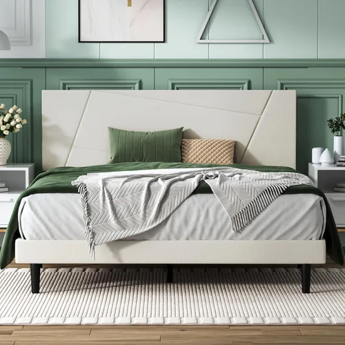Vista 11 de IOILORI - Base de cama tamaño Full con cabecera tapizada en terciopelo de diseño geométrico, estructura robusta y listones de madera, silenciosa,