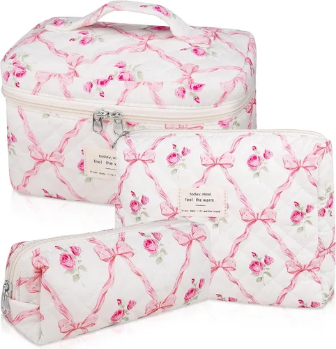 Vista 12 de Juego de bolsas de maquillaje, bolsa de maquillaje acolchada, bolsa grande para cosméticos florales para mujer, bonitas bolsas de maquillaje