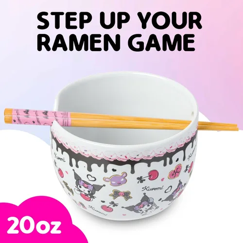Vista 28 de Silver Buffalo Hello Kitty y sus amigos Chococat - Tazón de cerámica para ramen y arroz con palillos, patrón a cuadros, apto para microondas, 20