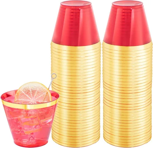 Vista 9 de LUODA 150 vasos de plástico azul, vasos desechables transparentes de 9 onzas con borde dorado, vasos de plástico con borde dorado, vasos de plástico