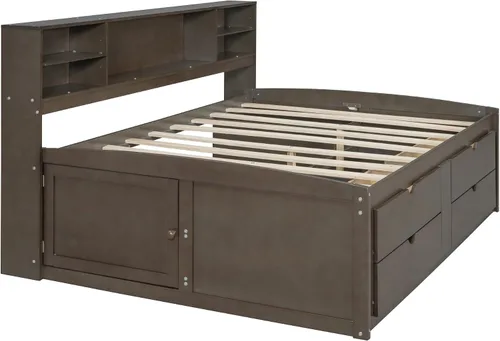 Vista 5 de DEINPPA Cama capitán completa con cabecera de almacenamiento, sofá cama matrimonial con cajones y armarios, marco de cama de plataforma de madera