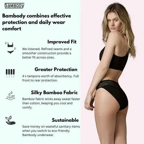 Vista 4 de Bambody Absorbent Bikini Lace Period Underwear for Women & Teens - Menstrual, Bladder - Soft & Breathable - 4 Tampons