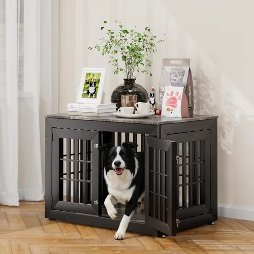 Vista 16 de Snuowu Mueble de jaula de perro resistente de 26 pulgadas para perros pequeños, medianos y grandes, jaula rústica de madera para perros, muebles