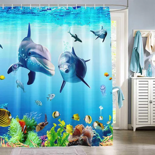 Vista 2 de Cortina de ducha con diseño de delfín, peces animales del océano para niños, paisaje del mundo submarino de fantasía azul, 72 x 72 pulgadas, juego