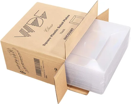 Vista 6 de WDF 60 platos de plástico transparente – Platos cuadrados desechables para postre/ensalada – Plato de plástico de 7 pulgadas para aperitivos de boda