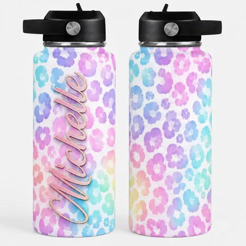 Vista 7 de Hyturtle Botella de agua personalizada de leopardo, botella de acero inoxidable aislada con tapa a prueba de fugas, 18 onzas, 32 onzas, regalo