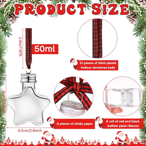 Vista 2 de Kajaia 12 bolas de alcohol de Navidad rellenables para árbol de Navidad con calcomanías de cinta a cuadros de búfalo, adornos de plástico