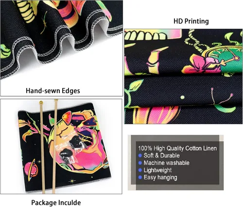 Vista 6 de Leofanger Paquete de 2 tapices verticales de calavera negra con luz negra, tapiz de sol y luna, tapiz de flores de mariposa y mariposa negra, tapiz