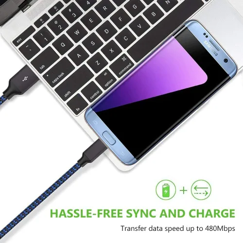 Vista 4 de Cable micro USB, paquete de 3 cables de carga Android de 10 pies, cable largo de nailon trenzado de sincronización y carga rápida compatible