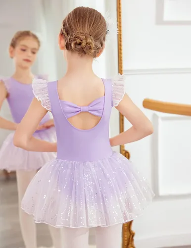 Vista 3 de Zaclotre Leotardos de ballet de manga con vuelo para niñas con falda tutú, vestido de baile con lazo en la espalda, trajes de bailarina brillantes