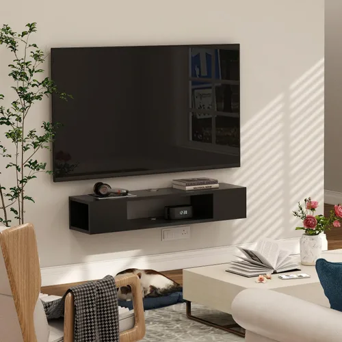 Vista 9 de GHC Soporte de TV flotante, centro de entretenimiento montado en la pared y estante de gabinete, consola de TV con almacenamiento, consola