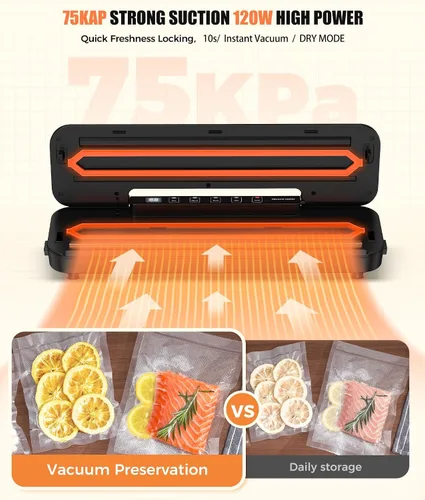 Vista 3 de Máquina selladora al vacío de 75 kpa - Sellador de alimentos compacto 6 en 1 con temporizador digital de cuenta regresiva, hoja deslizante externa