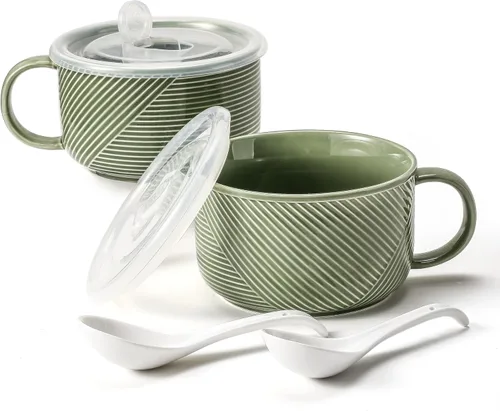 Vista 10 de Tazón de sopa de gran tamaño con asa: taza de sopa de cerámica de 38 onzas con tapa, apto para microondas, contenedor de almacenamiento de alimentos