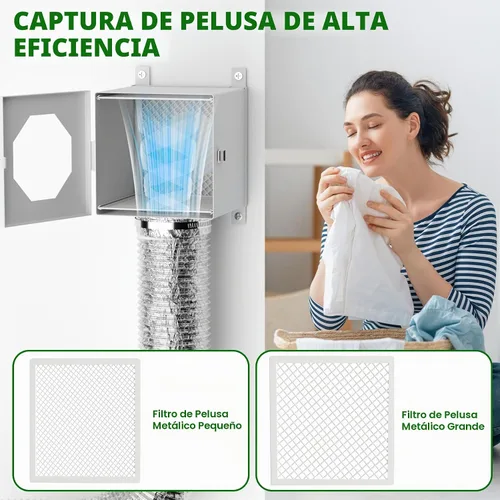 Vista 6 de Trampa de pelusa para conductos de secadora de metal, kit de ventilación de secadora interior con codo de 90 grados, manguera de conducto de 4 Blanco