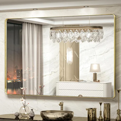 Vista 71 de TokeShimi Espejo de pared de baño de níquel cepillado de 20 x 30 pulgadas, marco de metal, esquina redonda, rectangular, para decoración del hogar