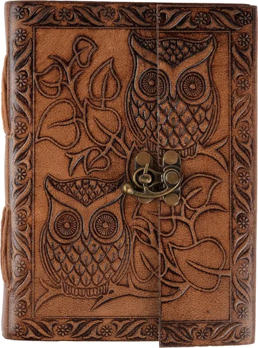Vista 3 de Diario de búho, diario de cuero en relieve de búho, diario de cuero para hombres, diario de cuero para mujeres, diario de papel hecho a mano de 240