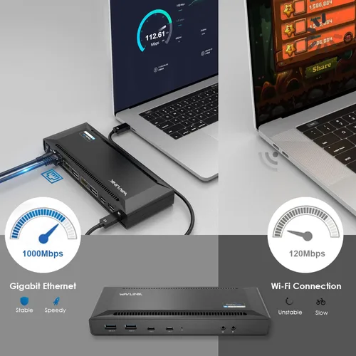 Vista 6 de WAVLINK Estación de acoplamiento universal USB C para laptop, monitores duales 5K/4K a 60Hz con carga de host de 65 W para Thunderbolt 4/3, USB-C