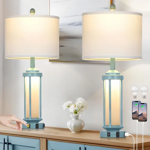 Vista 12 de Lámparas de mesa modernas, lámpara de noche industrial regulable de 3 vías con puertos USB A+C y salida de CA, control táctil, lámpara de mesita