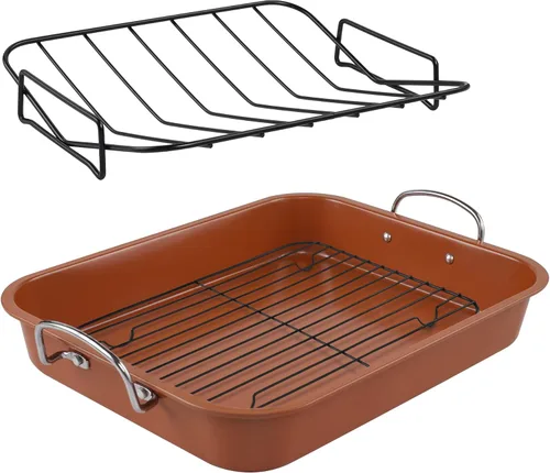 Vista 8 de kitCom Utensilios de hornear antiadherentes, asador antiadherente con estante, ideal para asar pollo, carnes y pavo - 15 pulgadas x 11 pulgadas