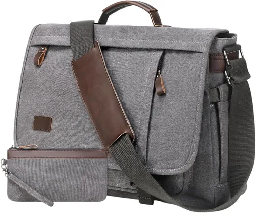 Vista 9 de Bolso de Mensajero de 17.3 Pulgadas para Hombre: 2 Piezas Bolso para Laptop de Cuero PU y Tela de Lona Maletín de Trabajo Grande para Oficina