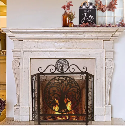 Vista 5 de BestGiftEver Pantalla decorativa para chimenea de 3 paneles con acento de árbol de la vida, estilo rústico marrón, cubierta de chimenea de malla
