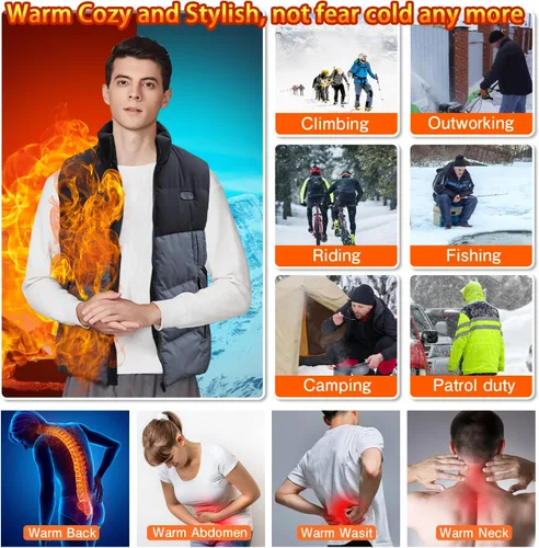 Vista 5 de PANGTIKU Chaleco térmico para hombres y mujeres, 17 zonas de calefacción, chaleco eléctrico USB, chaqueta térmica para invierno (batería no incluida)
