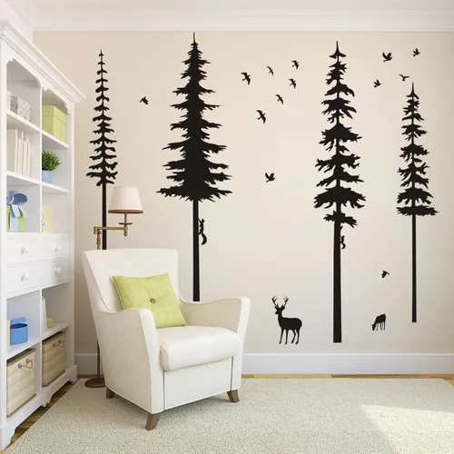 Vista 4 de Calcomanías de pared de pino, calcomanías de vinilo de bosque con calcomanías de pared de animales, ardillas y ciervos, decoración de guardería Negro
