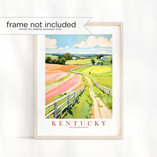 Vista 2 de ColorAndFlair Kentucky Travel Print Bluegrass State Souvenir KY Horses Nature Pink Green Wall Art Retro Poster Pintura de Paisaje (11 x 14 pulgadas)
