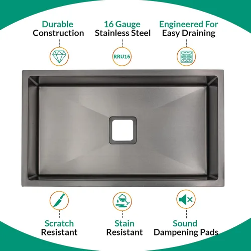 Vista 3 de Strictly Sinks Fregadero de Cocina de Montaje Inferior de Un Solo Tazón de 32 Pulgadas – Fregadero Negro Metálico Accesorio de Estante de Diseñador