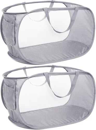 Vista 27 de Cestas de lavandería plegables duraderas, cesta de lavandería desplegable de malla con bolsillo lateral, cesta de ropa plegable con asas