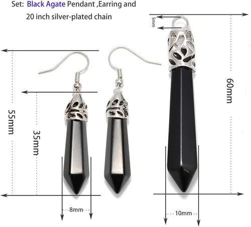 Vista 4 de AD Beads - Juego de colgante y aretes con piedras preciosas naturales hexagonales con punta, chakra Reiki Negro ágata