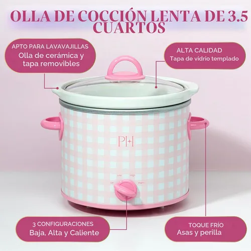 Vista 3 de Paris Hilton Olla de cocción lenta manual de 3.5 cuartos de galón, cuenta con tres ajustes (bajo, alto, cálido), inserto de gres naturalmente