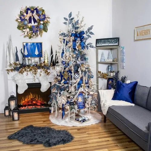 Vista 4 de Corona de Navidad preiluminada para puerta delantera con temporizador, 20 luces, corona de Navidad iluminada, bola de Navidad azul plateado