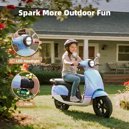 Vista 3 de Bicicleta eléctrica de 24 V para niños, velocidad de hasta 10 MPH, scooter Azul