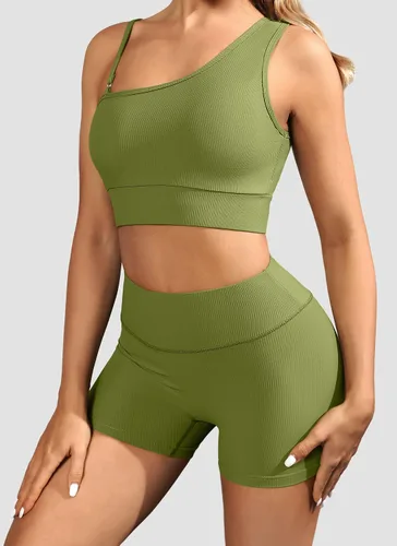 Vista 3 de Conjuntos de entrenamiento para mujer, trajes de 2 piezas, un hombro, sin costuras, brasier deportivo de cintura alta, pantalones cortos