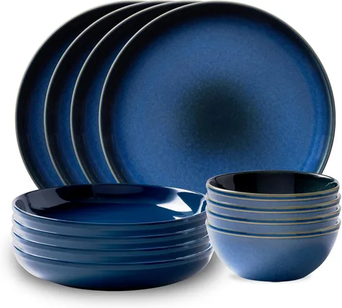 Vista 12 de Corelle Juego de vajilla de gres, platos y cuencos de cerámica esmaltada sólida y reactiva hecha a mano, platos redondos de estilo rústico moderno