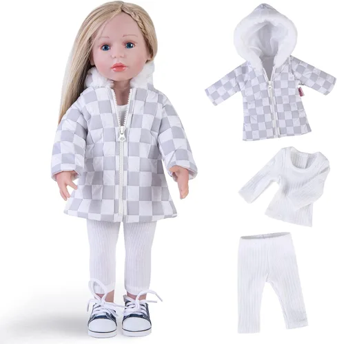 Vista 10 de Rakki Dolli Conjunto de ropa de muñeca de 3 piezas. Conjunto de abrigo grueso con capucha a cuadros azules y grises con manga larga, traje de muñeca