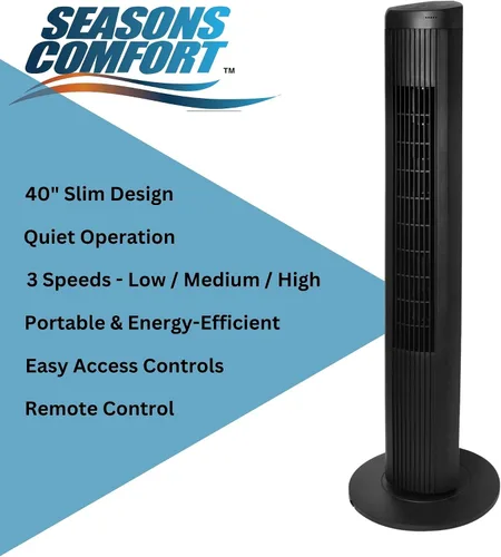 Vista 4 de Seasons Comfort Ventilador de torre oscilante de 40 pulgadas con control remoto y 3 ajustes de velocidad, oscilación de 55 grados, silencioso