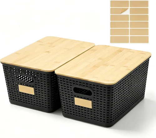Vista 10 de Bagnizer Contenedores pequeños de plástico con tapas de bambú de 5.2 cuartos de galón, cesta apilable para despensa, contenedores decorativos lindos