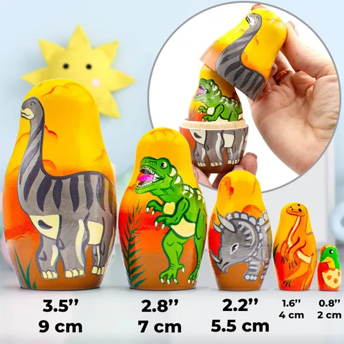 Vista 3 de AEVVV Juego de 5 muñecas anidables de dinosaurio, muñeca Matryoshka con figuras de dinosaurios - Dinosaurio de madera - Decoración de habitación
