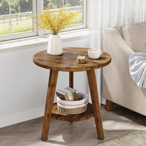 Vista 11 de Mesa de noche redonda de madera maciza, mesa auxiliar para sofá con estante de almacenamiento, mesita de noche de estilo granja para sala de estar