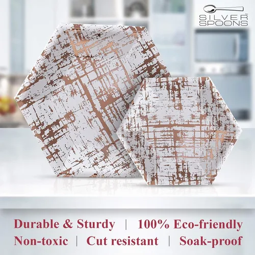 Vista 4 de Elegante vajilla desechable - Colección Ártico, platos llanos hexagonales, oro rosa