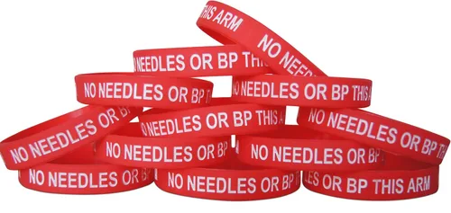 Vista 4 de Novel Merk No Needles or BP This Arm I.D. - Paquete de 12 pulseras de goma de identificación (12 piezas)