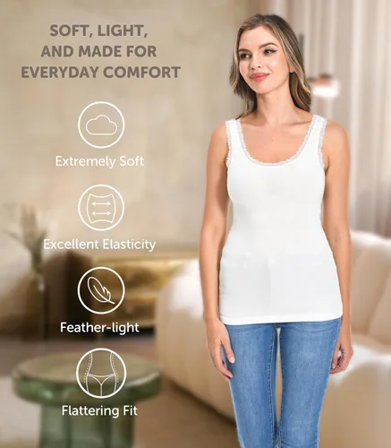Vista 2 de Comfneat Paquete de 3 camisetas sin mangas elásticas con ribete de encaje para mujer
