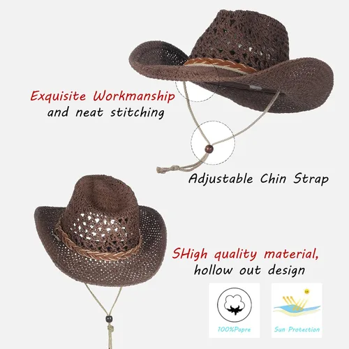 Vista 7 de EOZY Sombrero de paja para mujer y hombre, sombrero de sol para vaqueras, sombrero de sol de playa estilo occidental con correa de barbilla