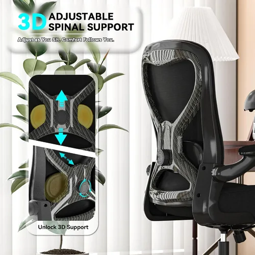 Vista 3 de Silla de escritorio de oficina con soporte lumbar ergonómico, cojín de asiento extra grueso, brazos abatibles, respaldo de malla transpirable, silla