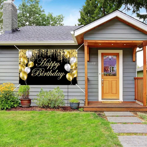 Vista 4 de Cartel de feliz cumpleaños negro y dorado con texto en inglés «It's My Birthday», telón de fondo para baby shower, fiesta interior y exterior