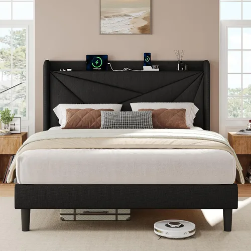 Vista 10 de iPormis Base de cama tamaño Queen con estación de carga, marco de cama de plataforma de lino con cabecera tapizada con respaldo de ala, soporte