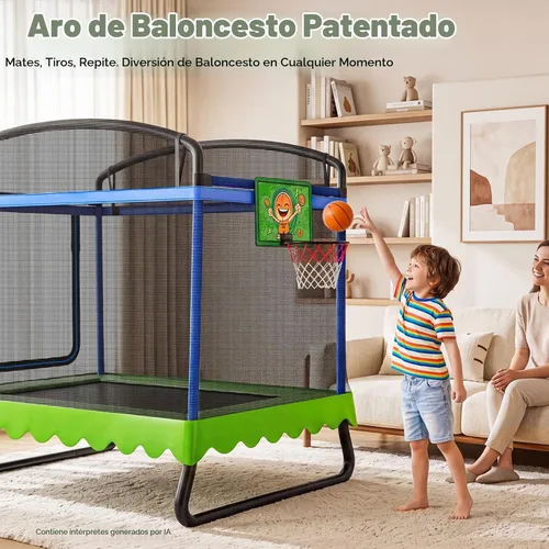 Vista 5 de Zupapa - Trampolín rectangular para niños de 4 x 6 pies con red de seguridad, aro de baloncesto, marco de doble capa resistente, trampolín cuadrado