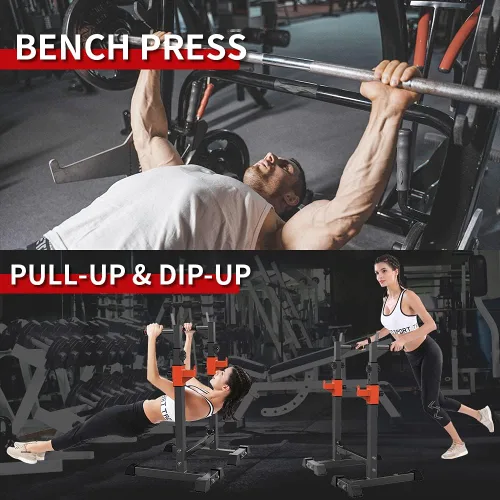 Vista 4 de BESTHLS Adjustable Squat Rack Stand with Barbell Rack, Weight Plate Holder, J Hooks,Dip Bar Station for Bench Press Strength Training Max Load